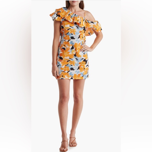 Orange multi color ruffle one shoulder sun dress - Picture 2 of 7